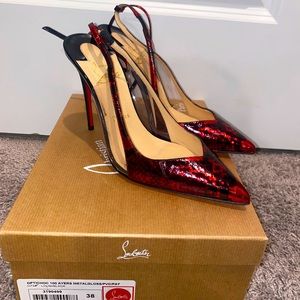 Christian Louboutin 100 Ayer’s Metal Gloss Red & Black Snake Print Heel Sz 38